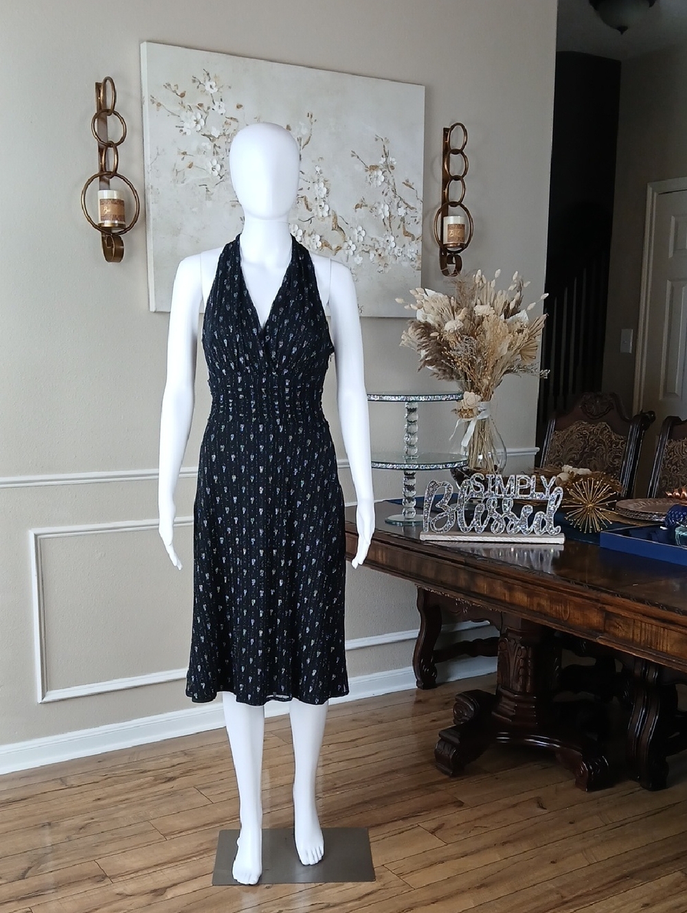 Women's Black And Silver Summer Halter A-Line Formal Cocktail Midi Dress  4